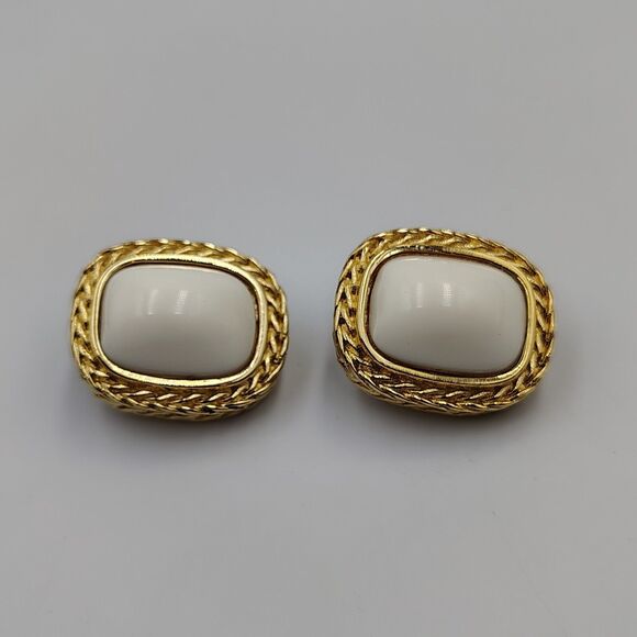 Vintage Givenchy Gold Tone White Lucite Cabochon Rectangular Clip On Earrings - Picture 5 of 16